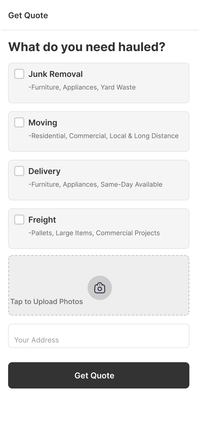 Service Selection wireframe