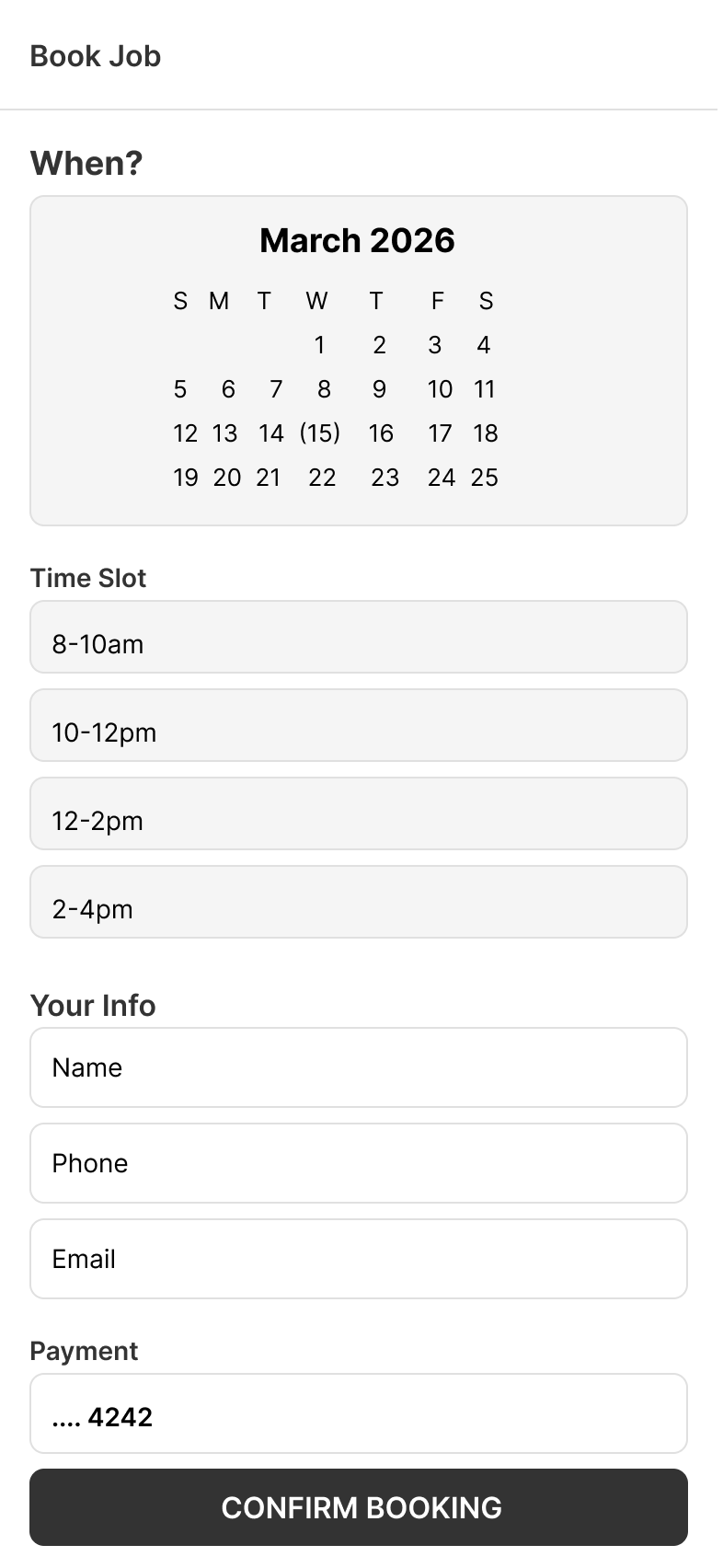 Schedule & Payment wireframe